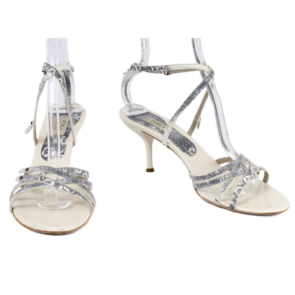 FURLA Blue & Cream Snakeskin Embossed Leather Strappy Ankle Strap Heel Sandals